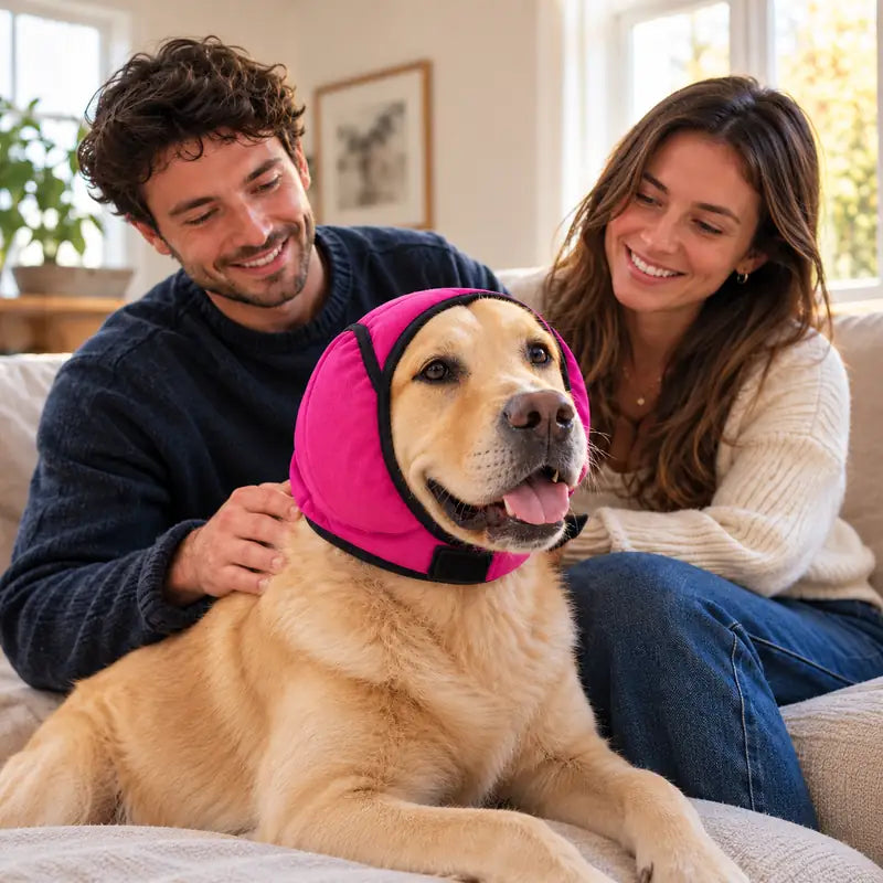 Labrador allongé sur le canapé avec le cache-oreilles anti-bruit, entre ses deux maîtres