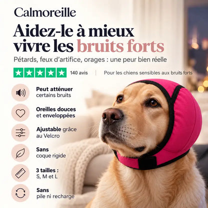 Labrador sable portant le cache-oreilles anti-bruit Calmoreille rose