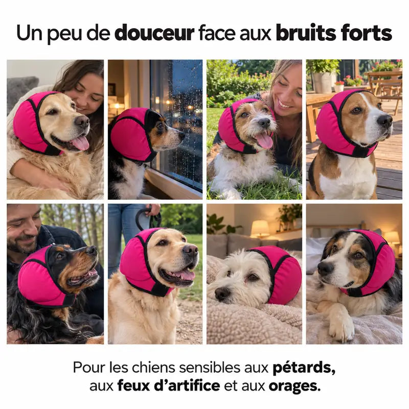 Huit chiens de races et de tailles différentes portant le cache-oreilles anti-bruit rose